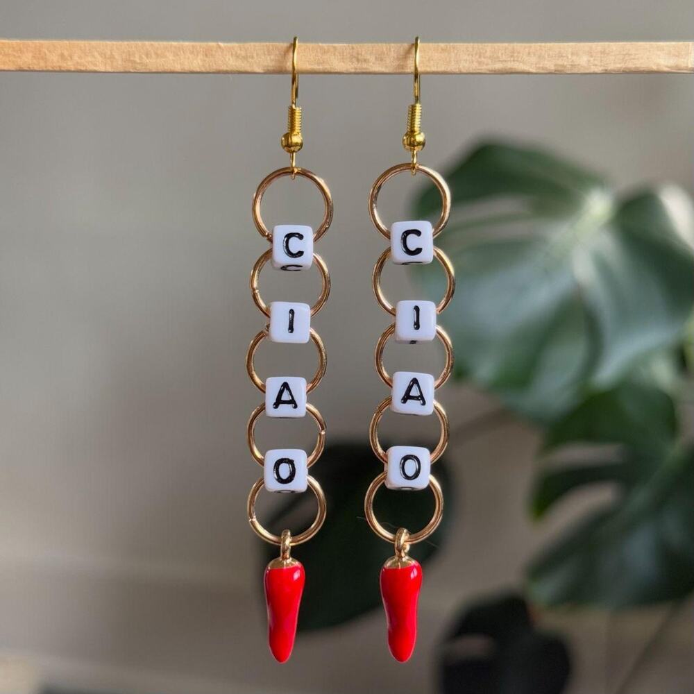 handmade "ciao" earrings with red italian cornicello chili pepper charms